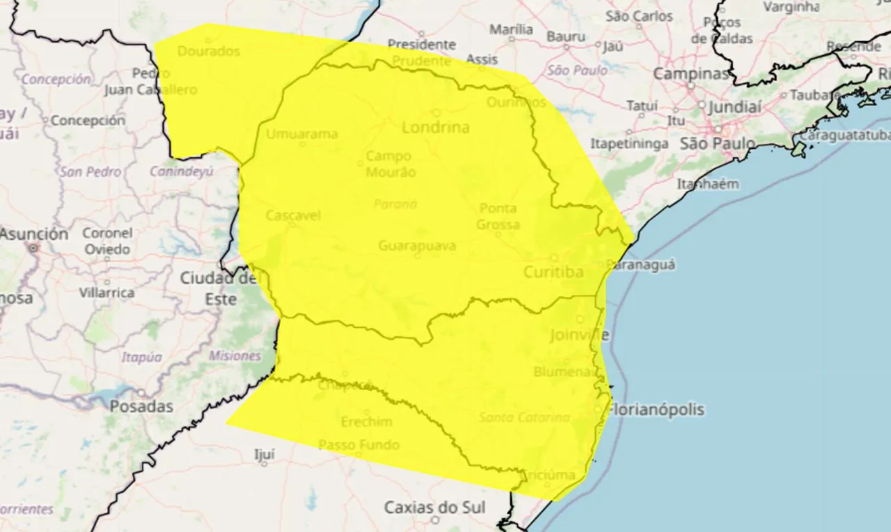 o mapa mostra às áreas em alerta para tempestade
